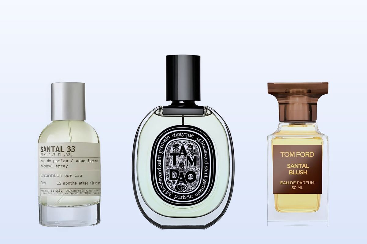 Le Labo Santal 33, Diptyque Tam Dao and Tom Ford Santal Blush on a pale blue background