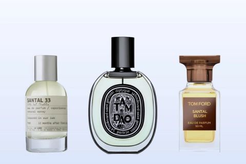 Le Labo Santal 33, Diptyque Tam Dao and Tom Ford Santal Blush on a pale blue background
