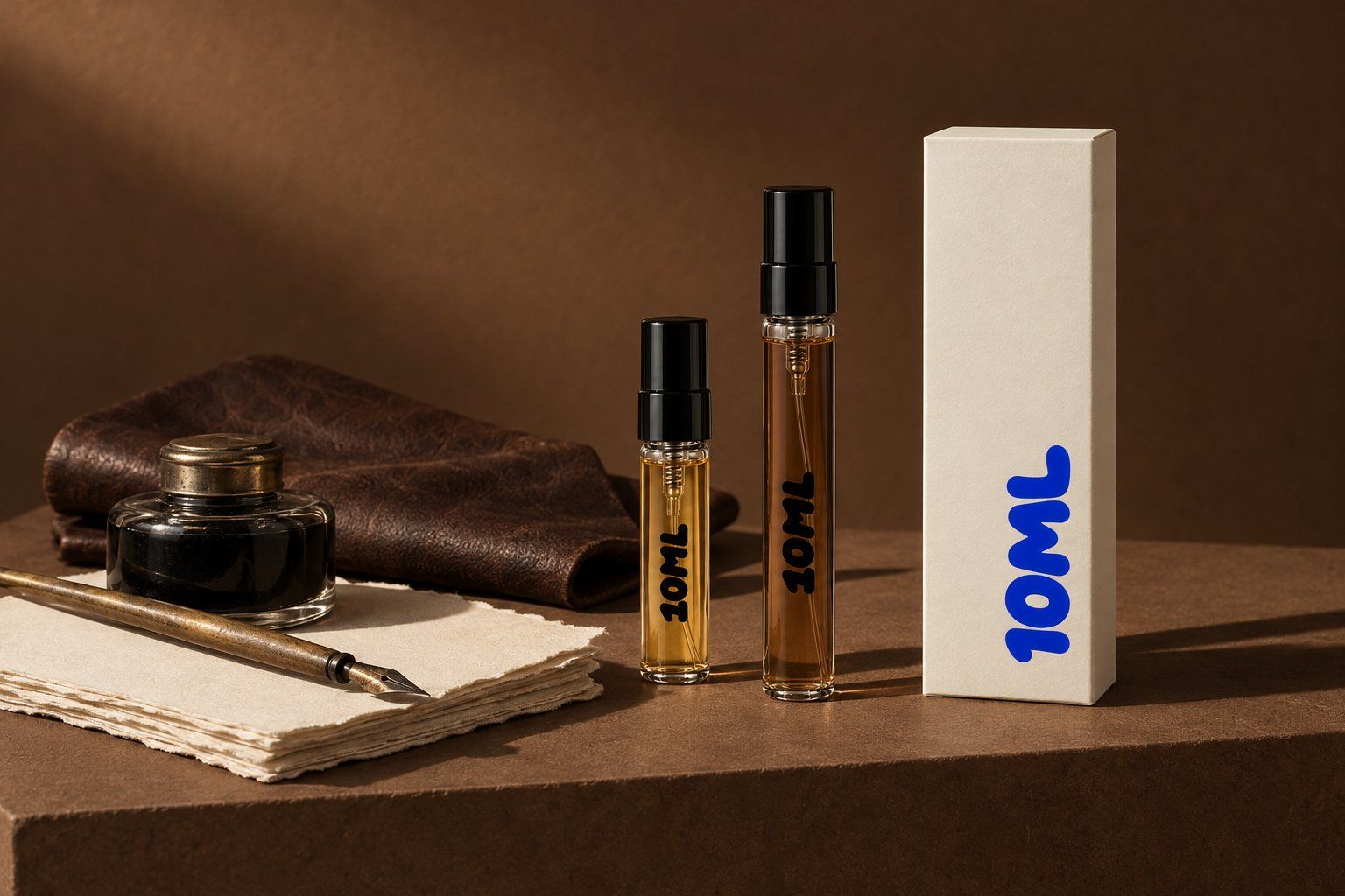 Twee 10ML-decants van 3ml naast onbeschreven geschept papier, een kroontjespen met zwarte inkt en een gevouwen stuk donker leer