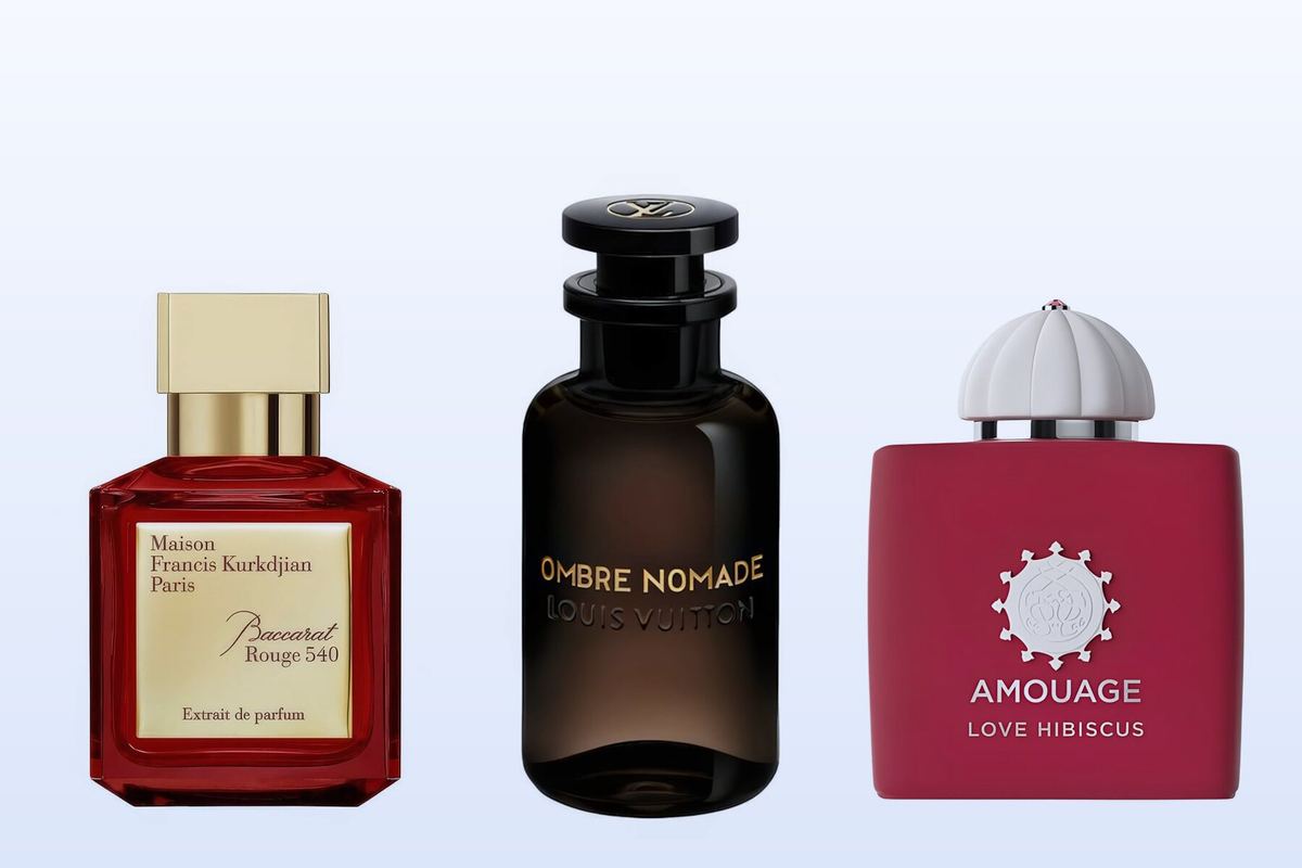 Three fragrance bottles, Baccarat Rouge 540 Extrait, Ombre Nomade and Love Hibiscus, on a pale blue background