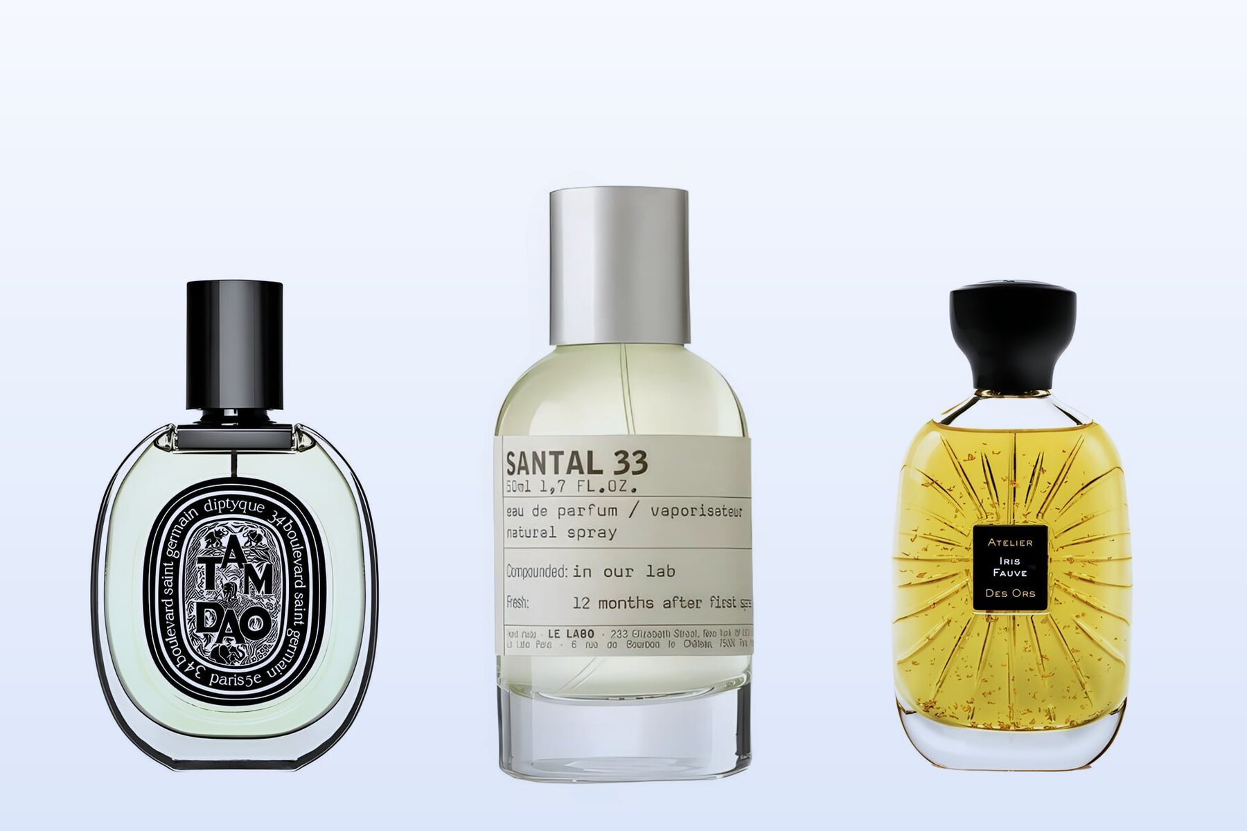 Flacons de Tam Dao, Santal 33 et Iris Fauve sur fond bleu pâle