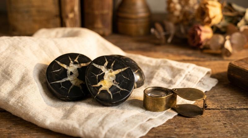Raw black septarian stone specimens cut open to show pale calcite-filled cracks against the dark matrix, beside a brass loupe on linen