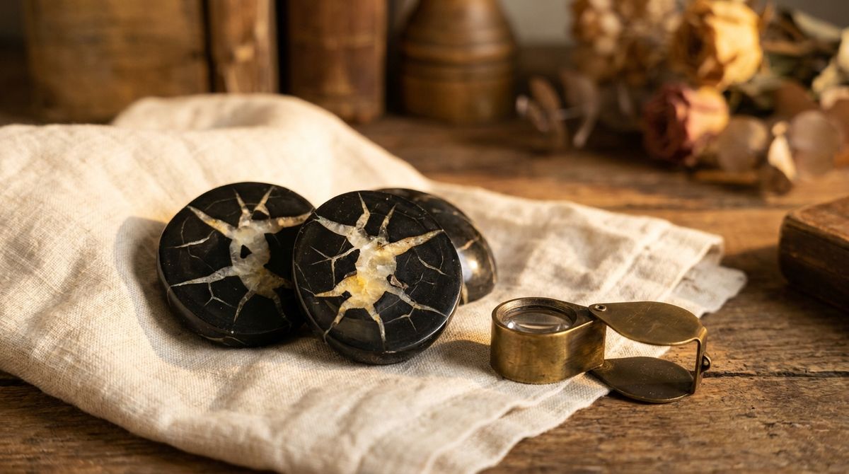Raw black septarian stone specimens cut open to show pale calcite-filled cracks against the dark matrix, beside a brass loupe on linen