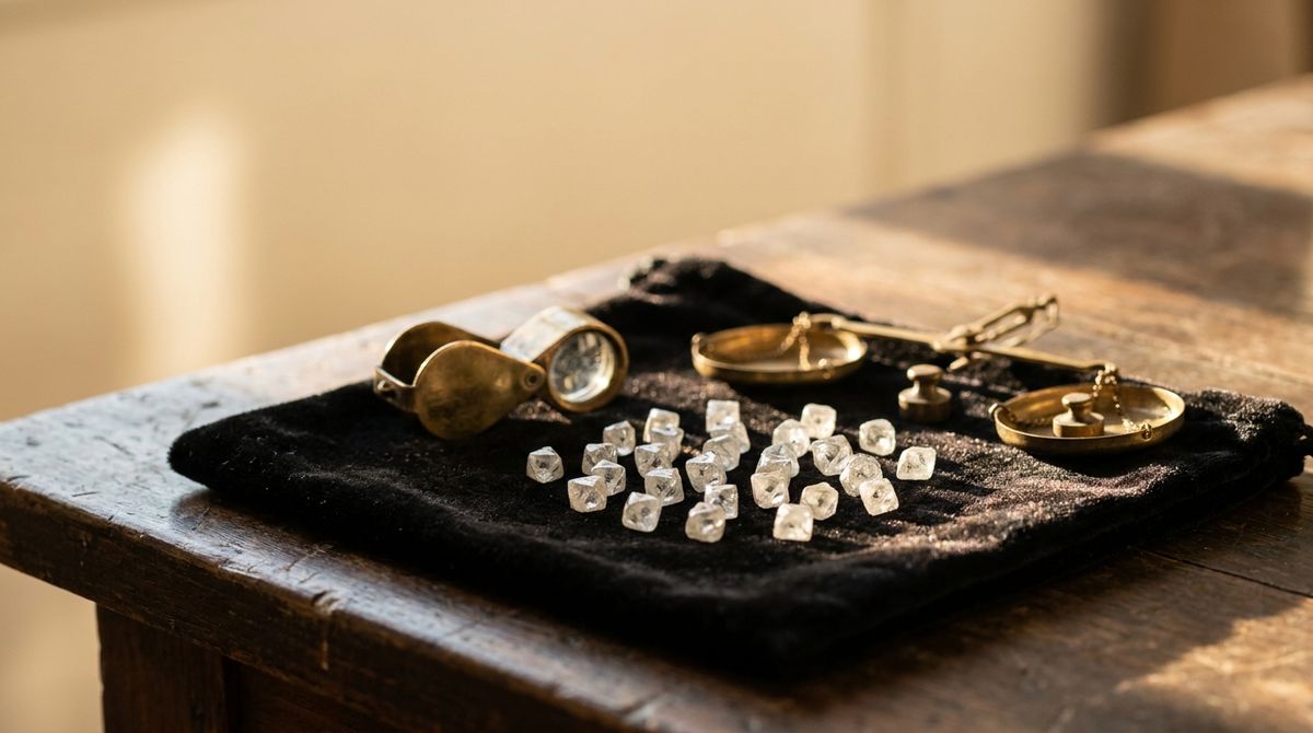 Raw rough diamond crystals beside a brass jewelers loupe and antique balance scale on dark velvet, editorial still-life cover photograph
