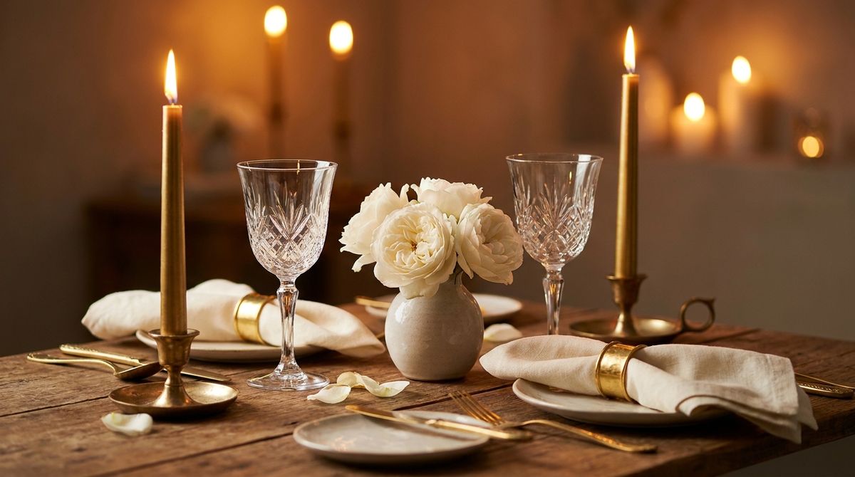 candlelit dinner table set for two with crystal wine glasses and white roses, proposal setting
