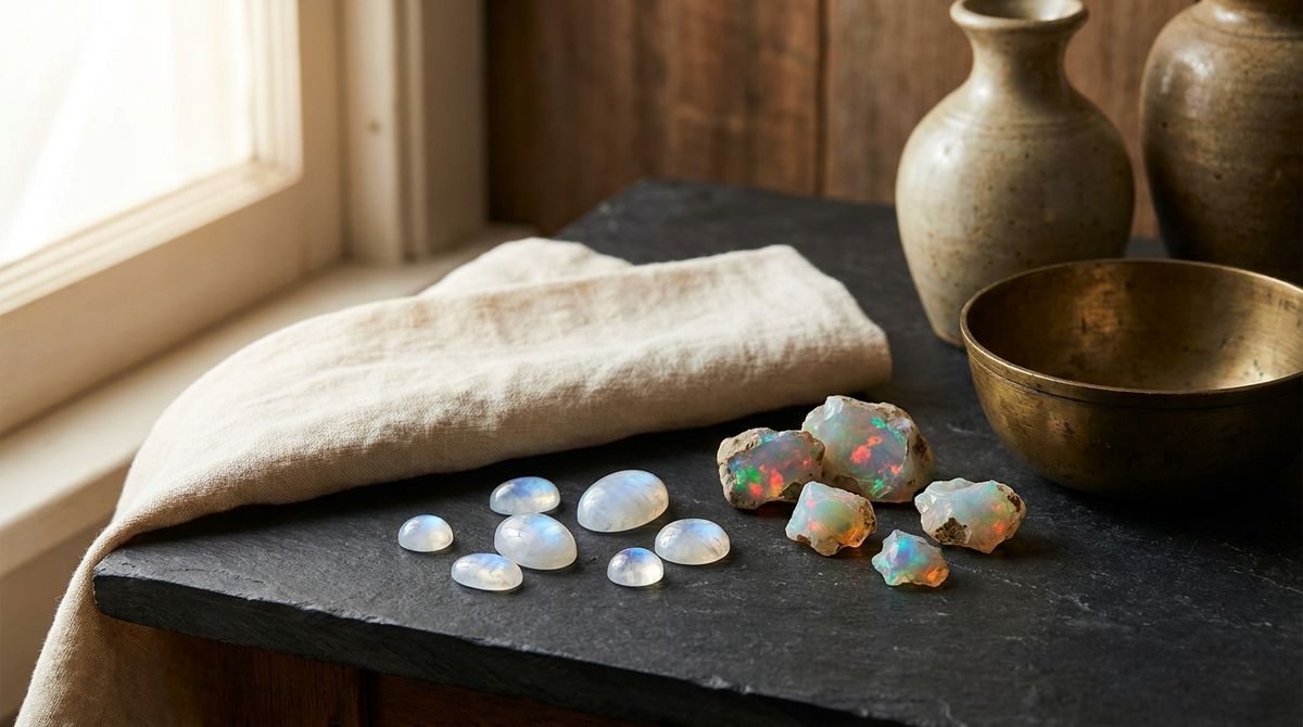 Polished pale blue-white moonstone cabochons beside raw multicolor opal stones showing play-of-color, editorial still-life photograph
