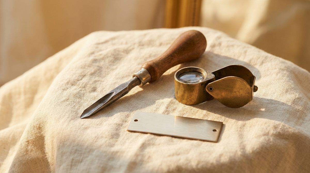 Brass engraving burin, jeweler's loupe, and a blank unengraved nameplate tag on linen in warm golden light
