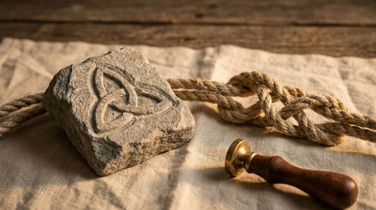 Editorial still-life of a stone carved with a triquetra knot, a length of rope tied in a continuous interlaced knot, and a brass wax-seal stamp on linen