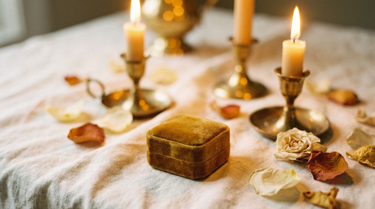 closed velvet engagement ring box on a candlelit table with dried rose petals, editorial still life