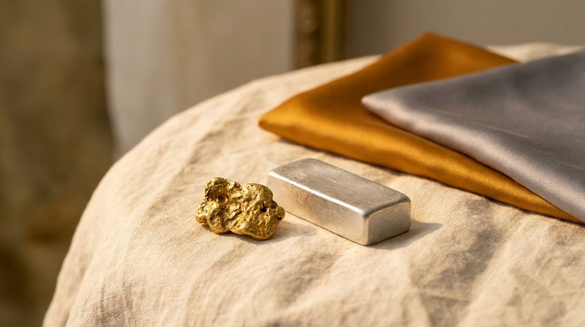 gold nugget and silver ingot with warm and cool fabric swatches, still life
