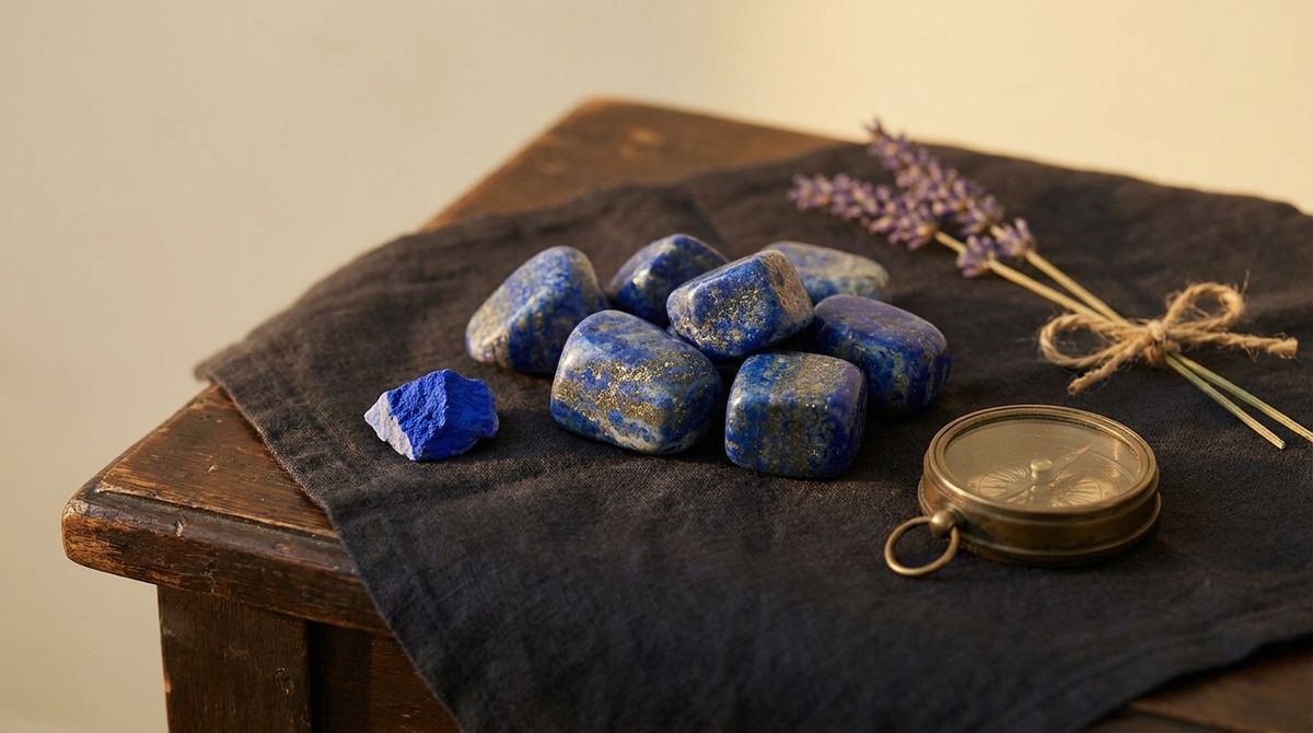Raw tumbled lapis lazuli stones with visible golden pyrite flecks on dark linen, beside an antique brass compass