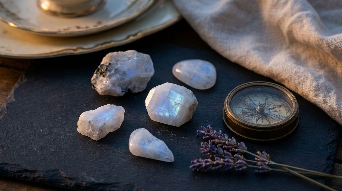 Raw and tumbled moonstone crystals with a soft blue-white glow arranged on dark slate beside an antique brass compass and dried lavender sprigs, warm golden-hour light