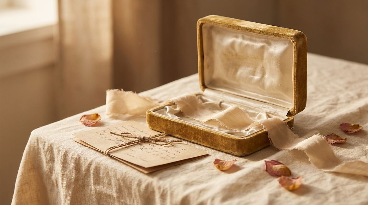 empty velvet gift box tied with ribbon beside a handwritten note and dried rose petals