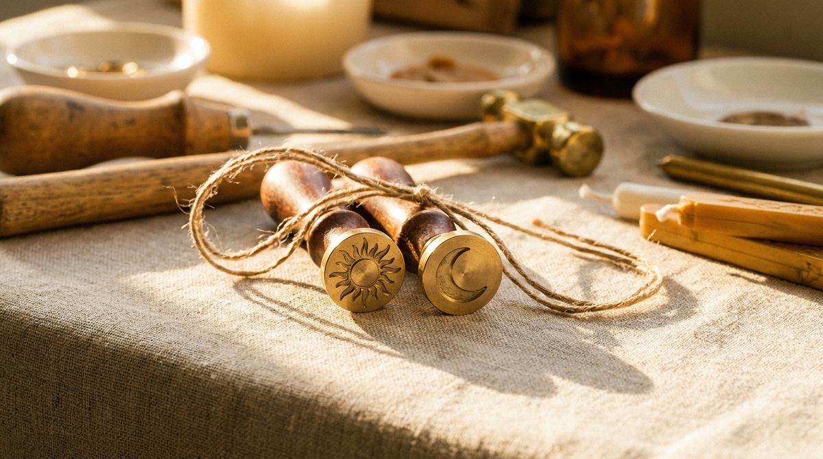 Two brass wax-seal stamps, one engraved with a sun and one with a crescent moon, tied together with twine on a linen-covered jeweler's workbench