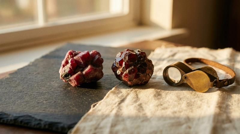 Raw ruby crystal cluster and raw red garnet crystal cluster beside a brass jeweler's loupe on slate and linen