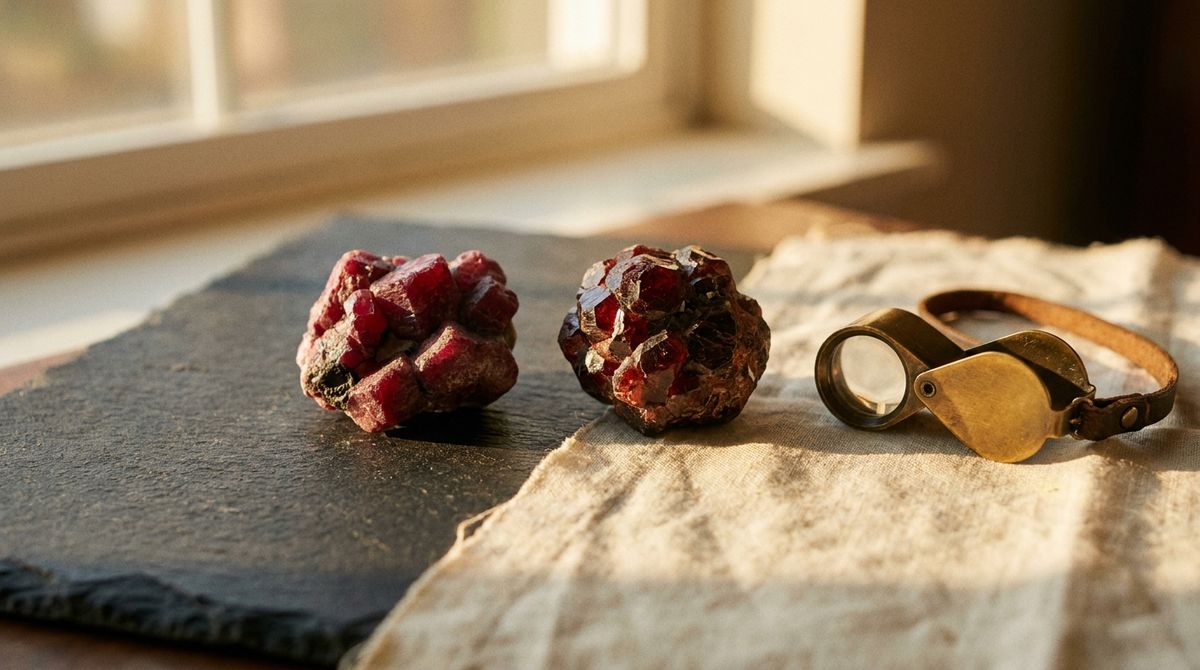 Raw ruby crystal cluster and raw red garnet crystal cluster beside a brass jeweler's loupe on slate and linen
