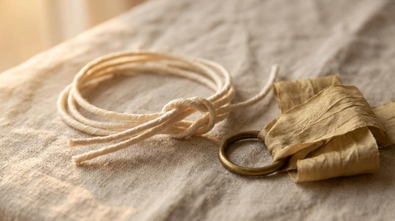 Cream silk cord looped and tied in a loose knot beside a brass ring, evoking a lariat necklace's open, clasp-free closure