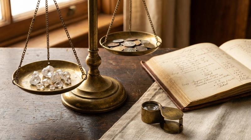Antique brass balance scale weighing rough uncut diamond crystals against loose coins, beside an open ledger and jeweler's loupe, editorial still-life photograph