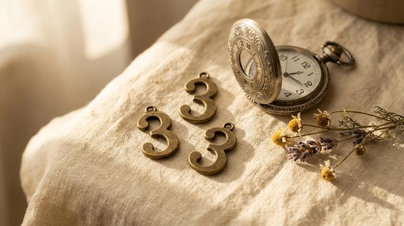 Three antique brass numeral-3 charms and a vintage open pocket watch on linen, styled as an editorial still life