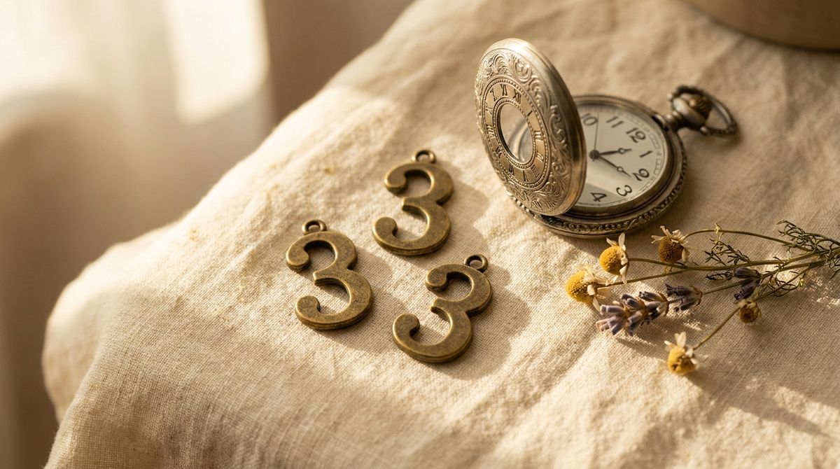 Three antique brass numeral-3 charms and a vintage open pocket watch on linen, styled as an editorial still life
