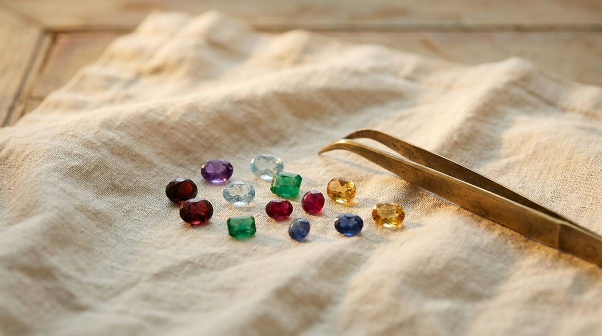 Loose polished birthstones in many colors scattered on cream linen beside jeweler's tweezers in warm golden light