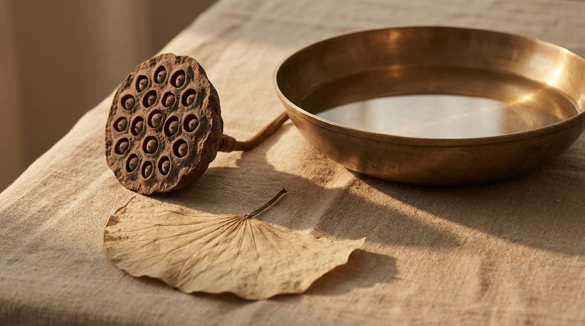 A dried lotus seed pod and pressed lotus leaf resting on natural linen beside a brass bowl of still water, warm golden-hour light