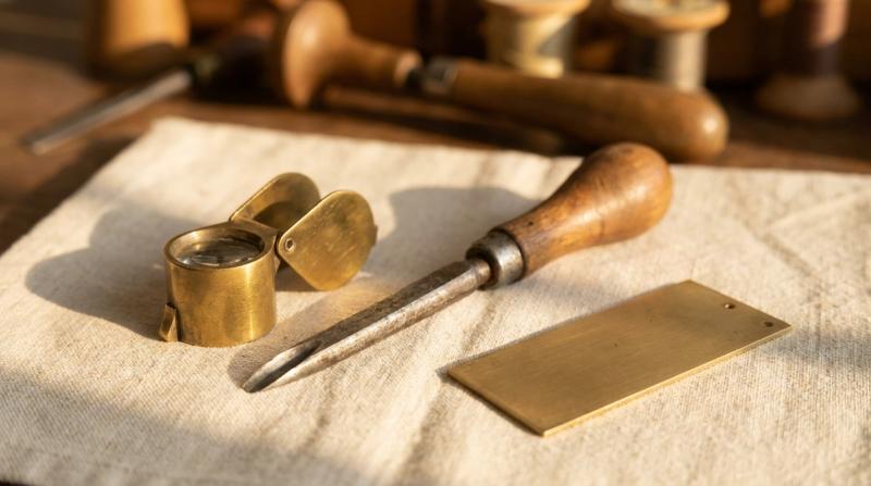 Engraver's burin tool, a brass jeweler's loupe, and a blank brass engraving plate on warm linen