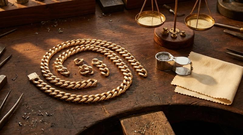 Loose, unassembled gold-tone Cuban link chain coiled on a dark wooden workbench beside a brass jeweler's scale, a loupe, and a folded polishing cloth