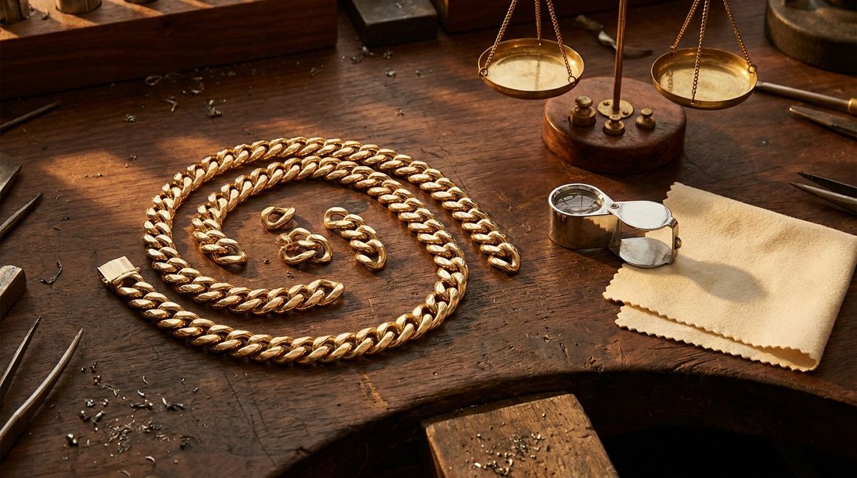 Loose, unassembled gold-tone Cuban link chain coiled on a dark wooden workbench beside a brass jeweler's scale, a loupe, and a folded polishing cloth
