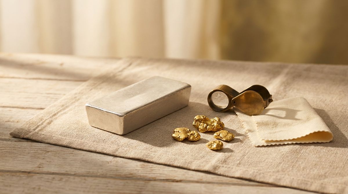 A silvery-white metal ingot beside raw gold nuggets and a jeweler's loupe on linen, illustrating white gold as an alloy of gold and white metals