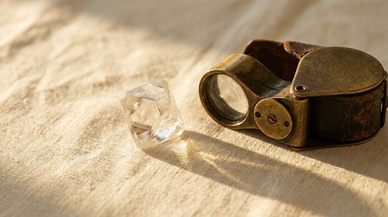 A rough, uncut octahedral diamond crystal and a brass jeweler's loupe on linen