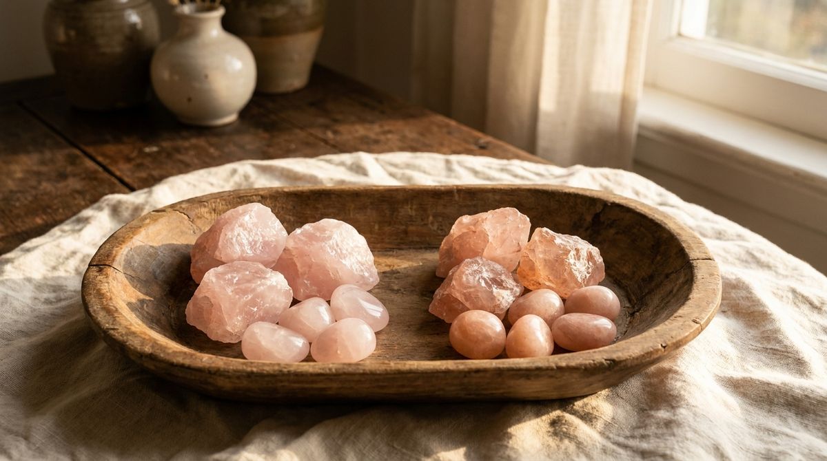 Raw and tumbled rose quartz crystals arranged beside raw and tumbled peach-pink morganite crystals in a wooden bowl for side-by-side comparison