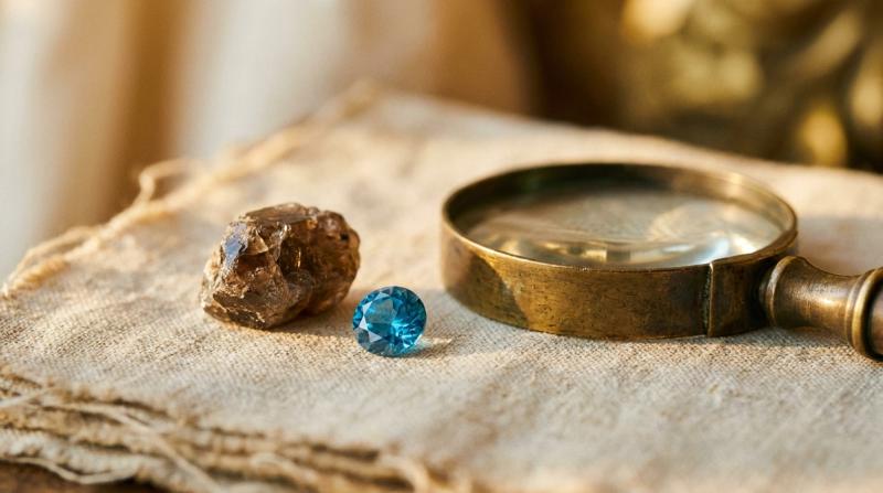 A faceted blue zircon gem and a raw brownish zircon crystal on linen