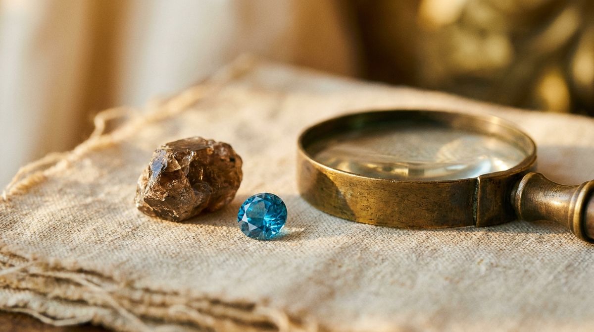 A faceted blue zircon gem and a raw brownish zircon crystal on linen
