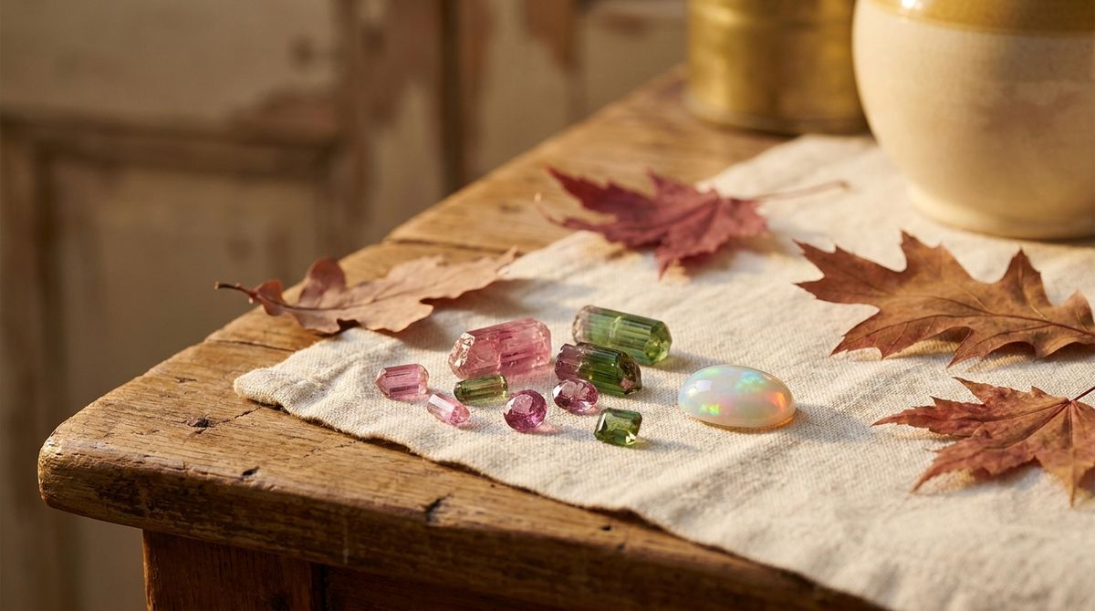 Loose tourmaline gemstones in pink and green beside a luminous opal cabochon on linen with autumn leaves
