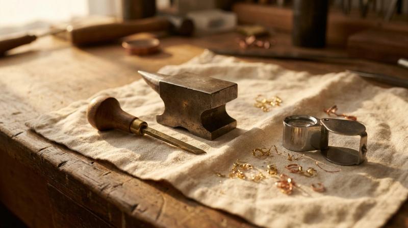 A jeweler's engraving graver, loupe and anvil block with loose metal shavings on linen, evoking hand-engraved personalized rings