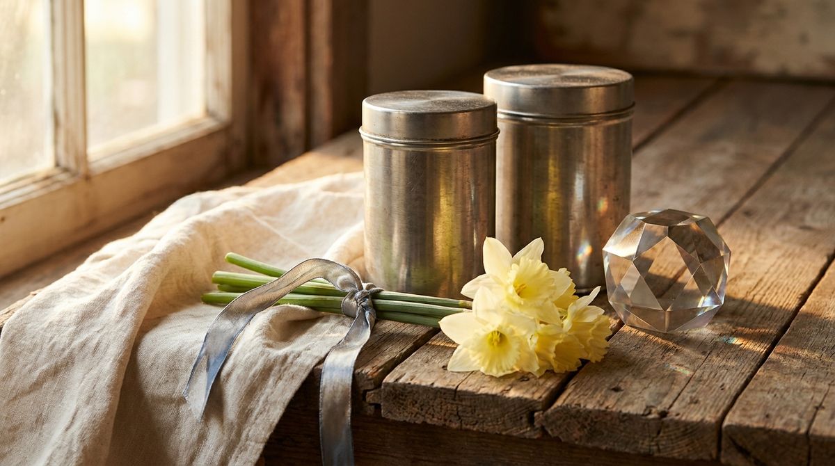 Editorial still life of a brushed tin container, daffodils, and a faceted crystal for a 10th wedding anniversary
