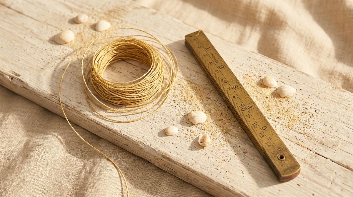 Editorial still-life of a coiled golden string, an antique brass ruler, sand and tiny seashells on driftwood — the string-and-ruler method for sizing a toe ring at home