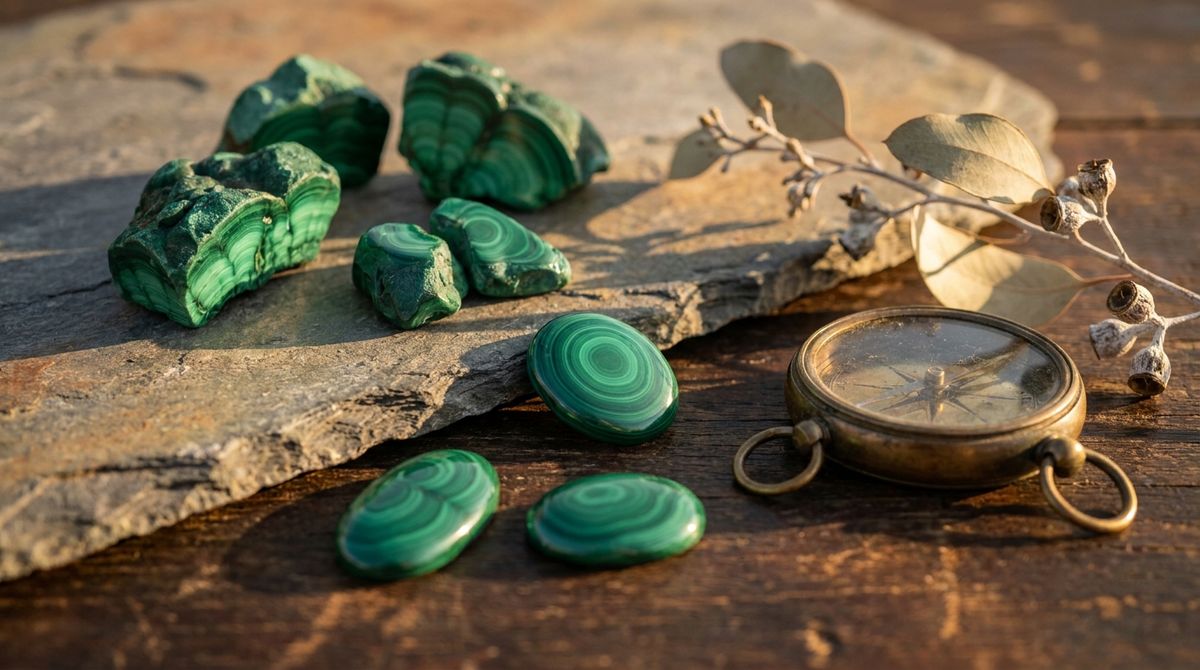 Raw and polished malachite stones with vivid concentric green banding on slate and dark wood, beside a brass compass and dried eucalyptus