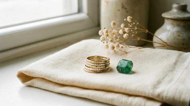 A stack of thin gold and silver rings beside a loose green birthstone on linen