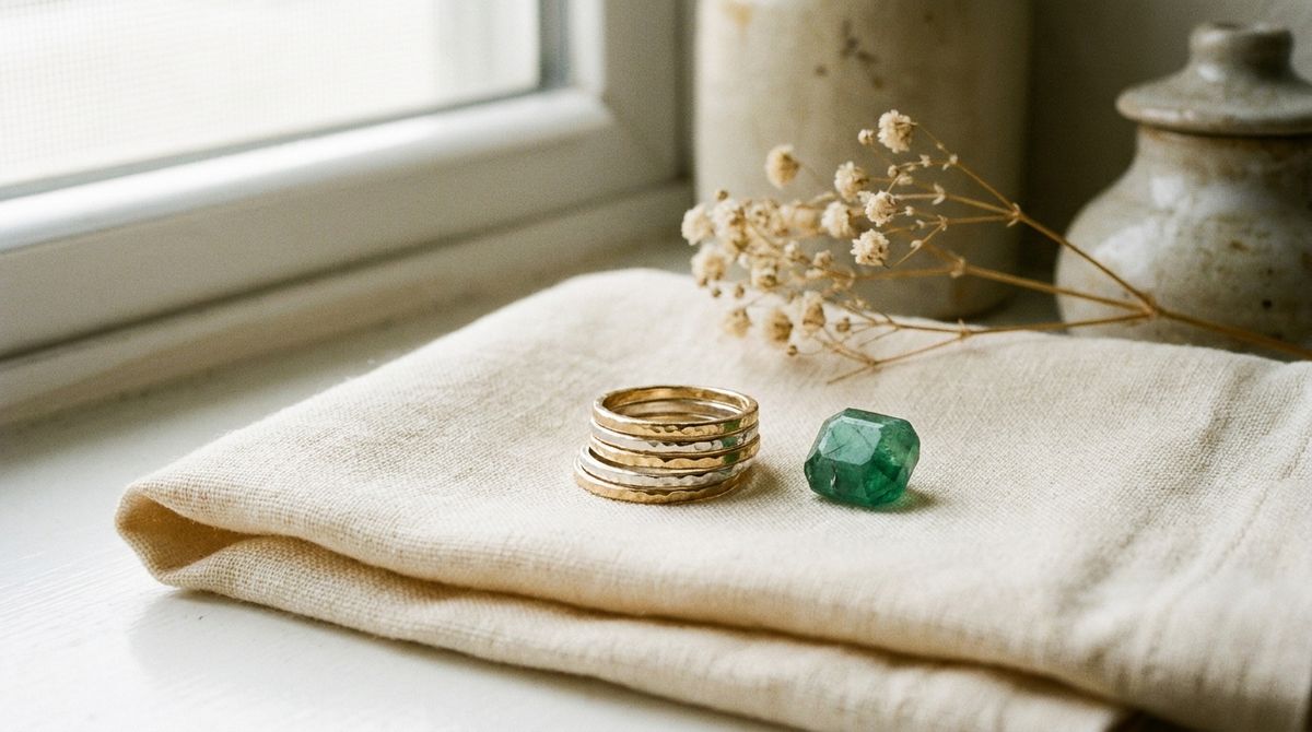 A stack of thin gold and silver rings beside a loose green birthstone on linen