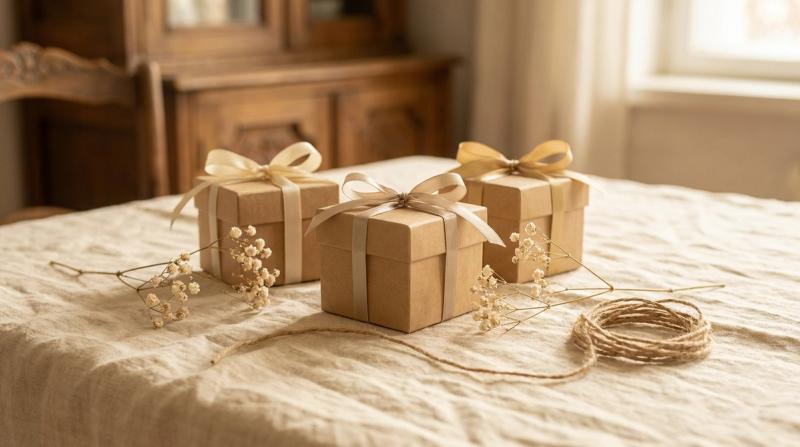 Three small ribbon-tied kraft gift boxes with dried flowers and twine on linen, warm golden light