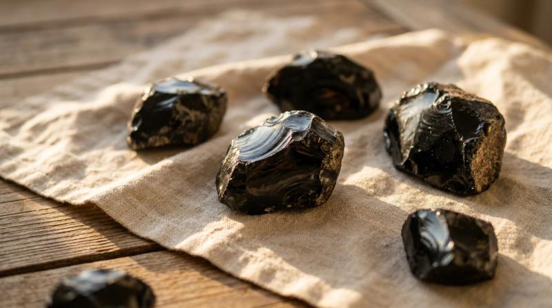 Raw black obsidian stones with smooth, curved conchoidal fracture surfaces catching the light, arranged on natural linen atop a wooden table