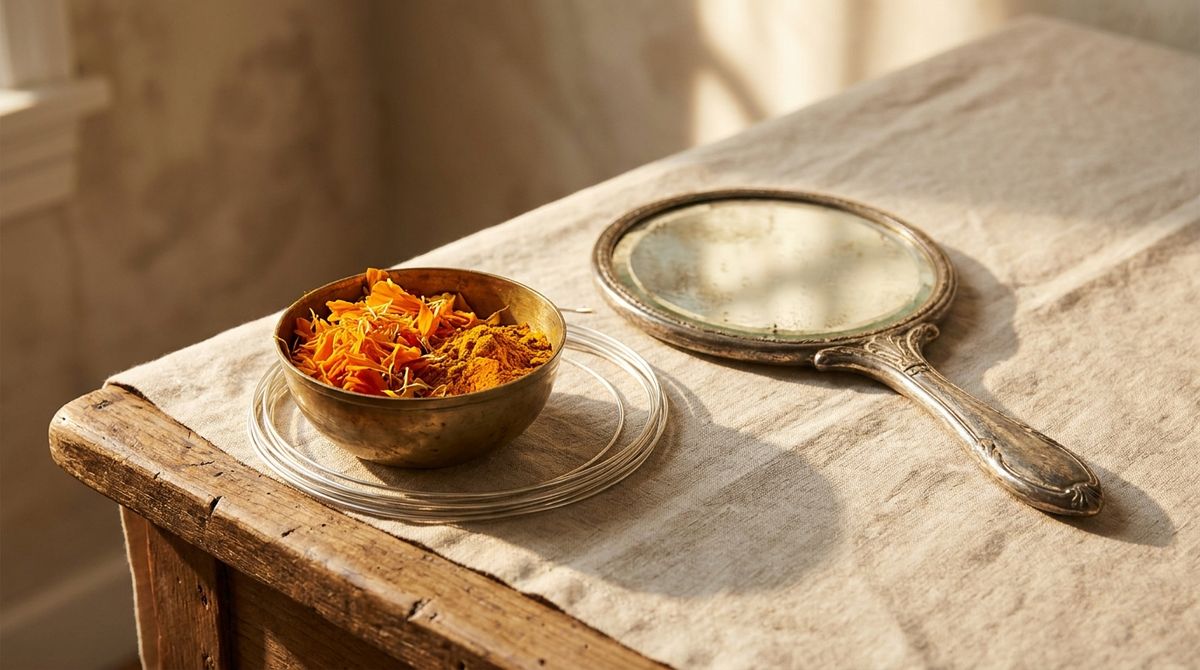 A brass bowl of turmeric powder and marigold petals beside a coil of thin silver wire and an antique hand mirror on natural linen, evoking Indian bridal adornment tradition