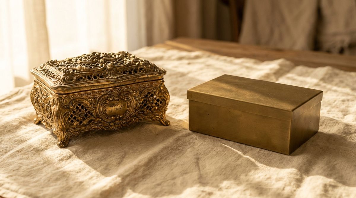 An ornate antique gilded box beside a plain minimalist brass box, contrasting fussy and clean design