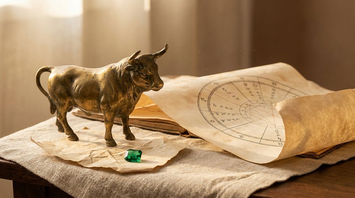 Antique brass bull figurine beside an open astrological star chart and a loose emerald-cut green gem on linen, symbolizing the Taurus zodiac sign