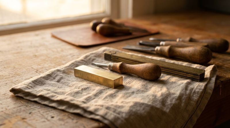 Flat brass bar necklace blank with an engraving stylus and folding ruler on linen at a jeweler's workbench
