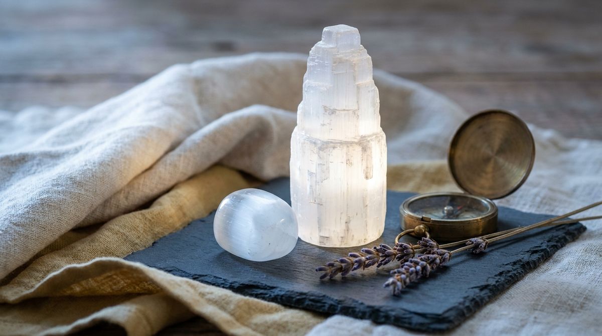 Raw translucent selenite crystal tower and a tumbled selenite stone glowing with soft internal light on dark slate and linen, with a brass compass and dried lavender