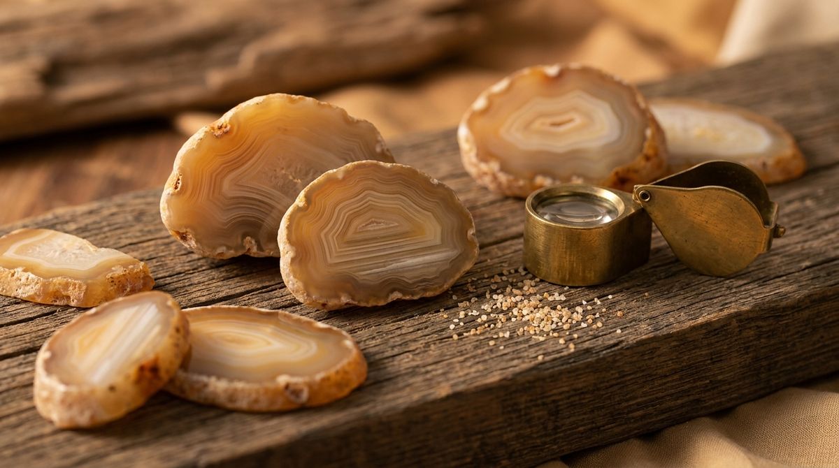 Raw and polished banded agate stone slices in amber, cream, and rust tones showing concentric layered patterns, on weathered dark wood beside a small brass magnifying loupe