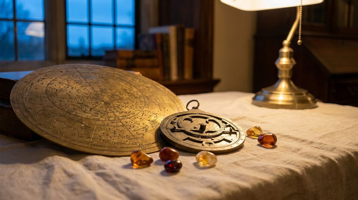 A brass celestial star chart and astrolabe with loose amber and garnet stones on linen